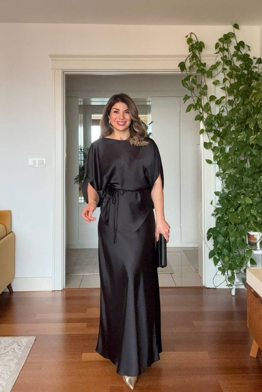 SATIN FABRIC BATWING SLEEVE BELT-TIED SET – BLACK