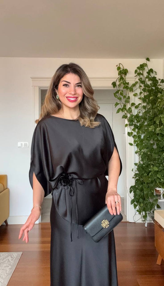 SATIN FABRIC BATWING SLEEVE BELT-TIED SET – BLACK