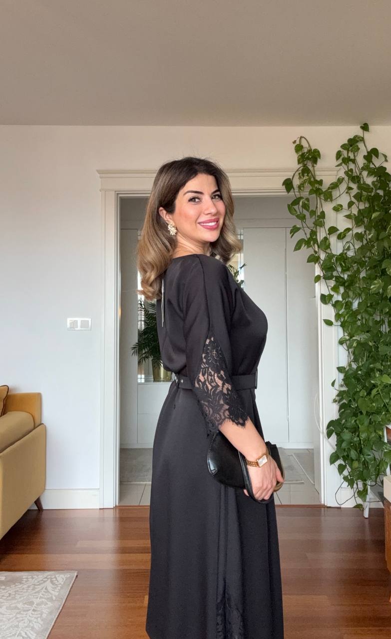 LACE DETAIL BELTED ELEGANT MIDI DRESS – BLACK