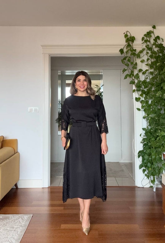 LACE DETAIL BELTED ELEGANT MIDI DRESS – BLACK