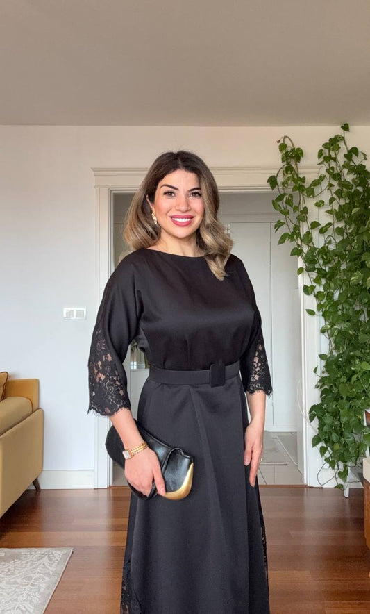 LACE DETAIL BELTED ELEGANT MIDI DRESS – BLACK