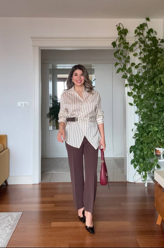 STRIPED BELTED SHIRT & WIDE LEG TROUSERS SET – BEIGE / BROWN