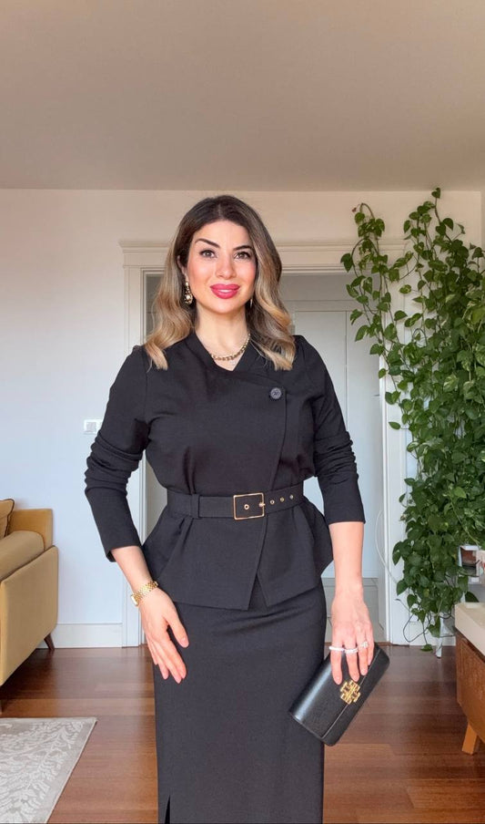 BELTED JACKET & SKIRT SET – BLACK