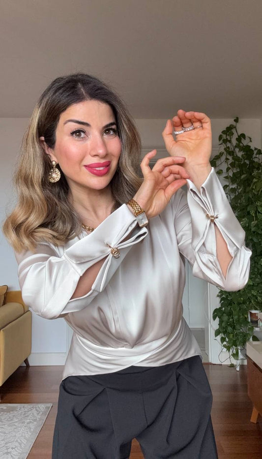 SATIN BLOUSE & WIDE LEG TROUSERS ELEGANT SET – BEIGE & BLACK