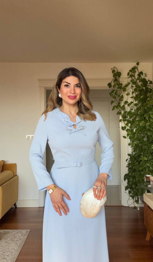 STONE-EMBELLISHED CUT-OUT NECK BELTED MAXI DRESS – BLACK