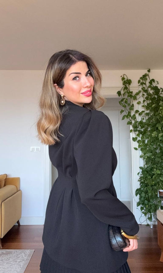 BUTTON DETAIL BLAZER-STYLE MINI DRESS – BLACK