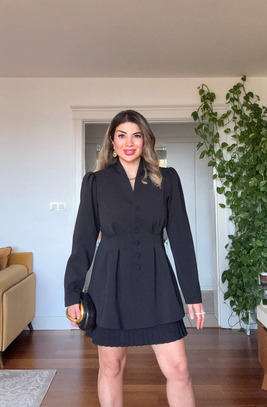 BUTTON DETAIL BLAZER-STYLE MINI DRESS – BLACK