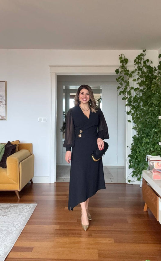 GOLD BUTTON DETAILED CHIFFON SLEEVE ASYMMETRICAL CUT ELEGANT DRESS – BLACK