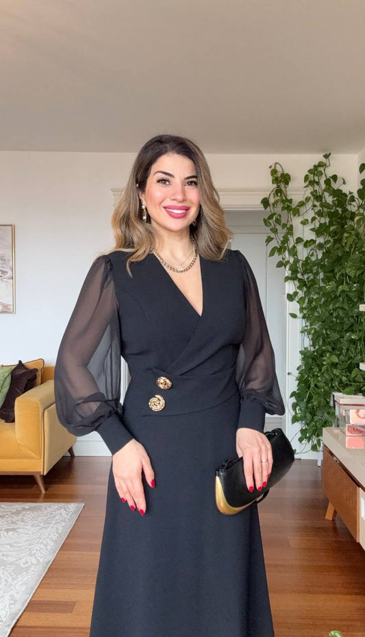 GOLD BUTTON DETAILED CHIFFON SLEEVE ASYMMETRICAL CUT ELEGANT DRESS – BLACK