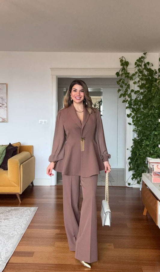 STAR ACCESSORY DETAILED JACKET & WIDE LEG TROUSERS SET – BROWN