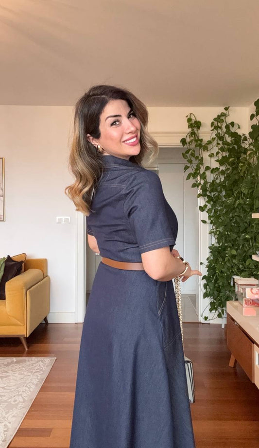 BUTTONED DENIM DRESS WITH BELT AND CHAIN DETAIL – NAVY BLUE