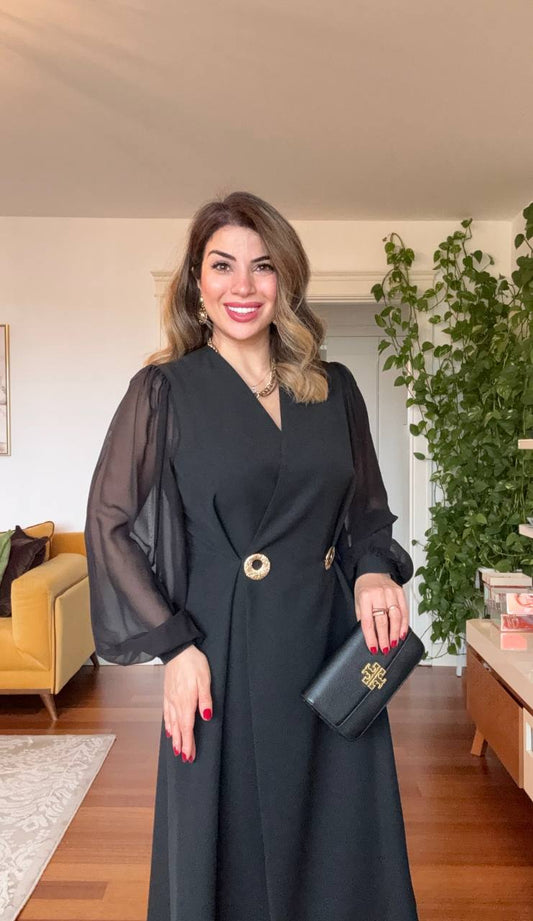 GOLD BUTTON DETAILED CHIFFON SLEEVE WRAP NECK MIDI DRESS – BLACK