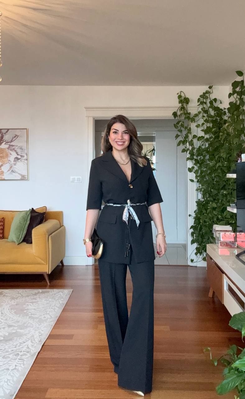 GOLD BUTTON DETAILED BELTED BLAZER PANTS SET - BLACK