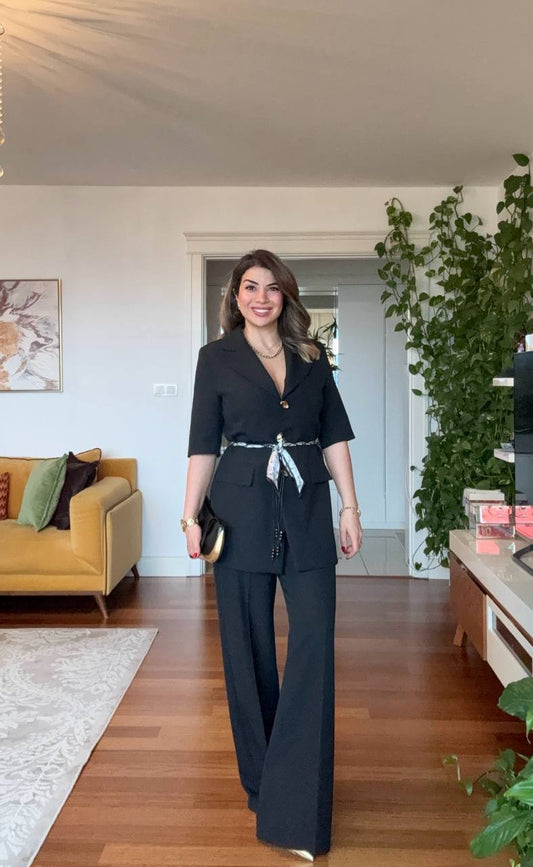 GOLD BUTTON DETAILED BELTED BLAZER PANTS SET - BLACK