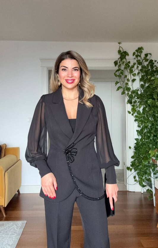 STONE-EMBELLISHED CHIFFON SLEEVE SUIT - BLACK