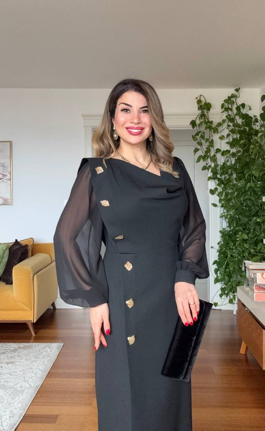 GOLD BUTTON DETAILED CHIFFON SLEEVE MIDI DRESS – BLACK