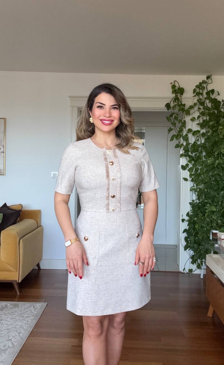 GOLD BUTTON DETAILED LINEN-TEXTURED MINI DRESS – BEIGE