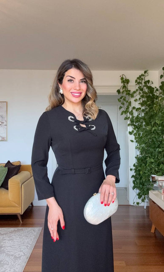 STONE-EMBELLISHED CUT-OUT NECK BELTED MAXI DRESS – BLACK