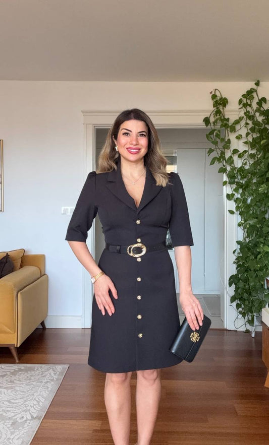 BELTED BUTTON-DOWN MIDI DRESS – BLACK