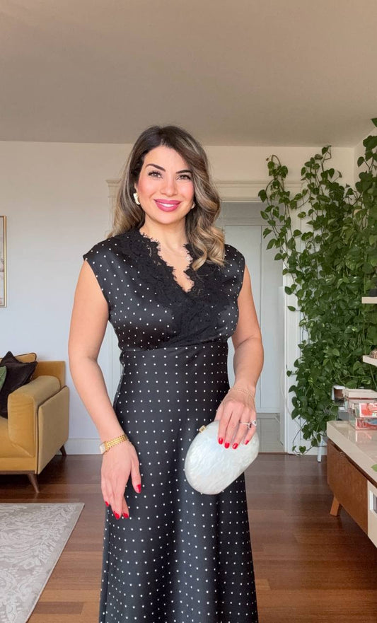 POLKA DOT LACE DETAIL SATIN MAXI DRESS – BLACK