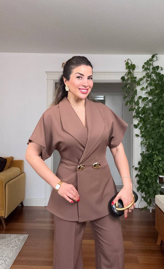 GOLD BUTTON DETAILED SHORT SLEEVE WRAP BLAZER & TROUSERS SET – MOCHA BROWN