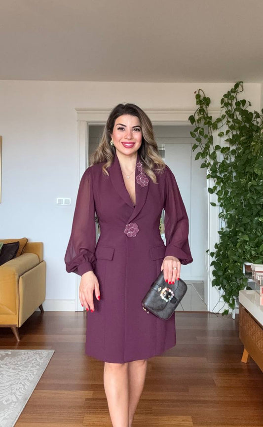 FLORAL APPLIQUÉ CHIFFON SLEEVE BLAZER DRESS – PLUM