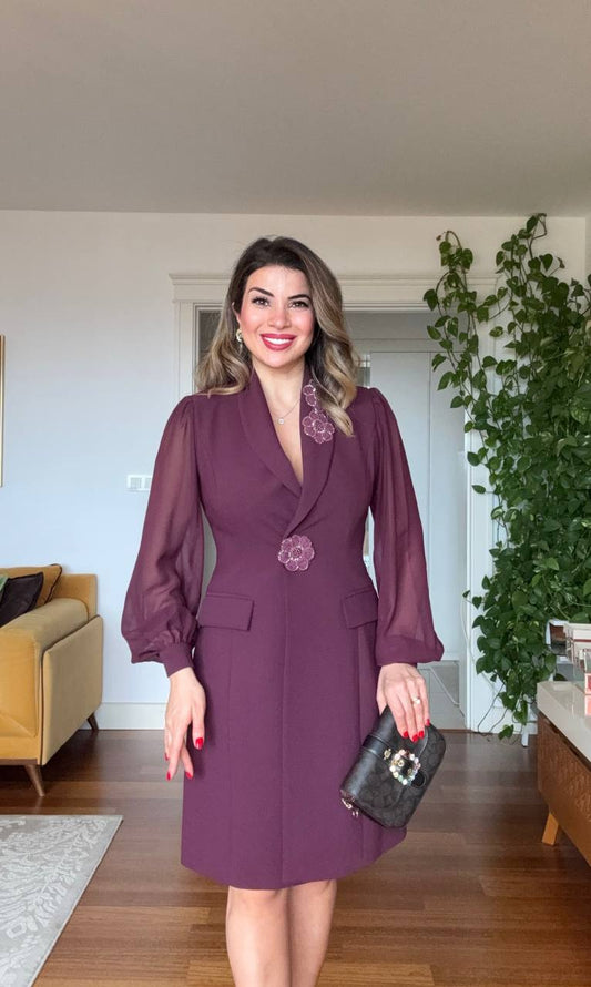 FLORAL APPLIQUÉ CHIFFON SLEEVE BLAZER DRESS – PLUM