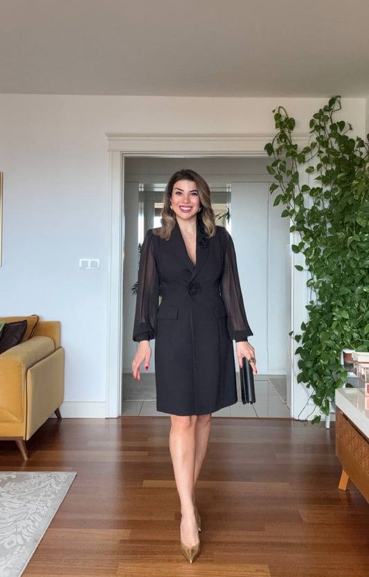 FLORAL APPLIQUÉ CHIFFON SLEEVE BLAZER DRESS – BLACK