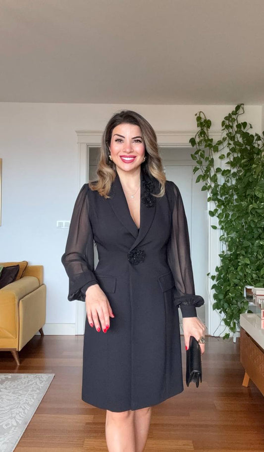 FLORAL APPLIQUÉ CHIFFON SLEEVE BLAZER DRESS – BLACK