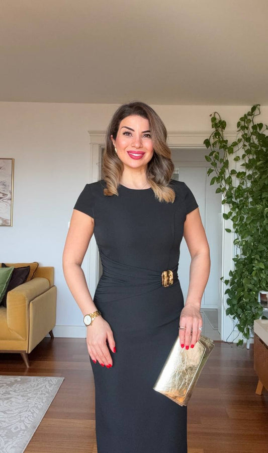 BELTED DRAPED MIDI DRESS – BLACK