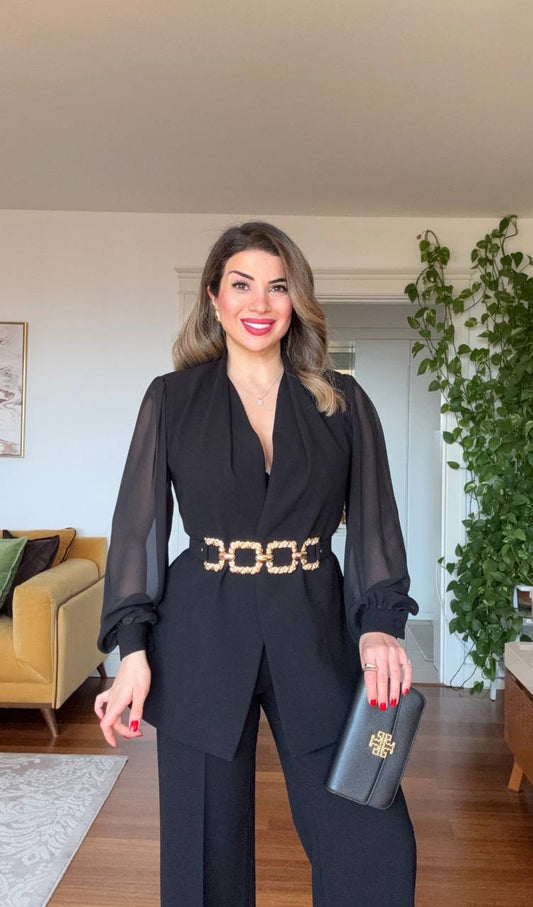 CHIFFON SLEEVE DOUBLE-BREASTED SET WITH CHAIN BELT DETAIL - BLACK