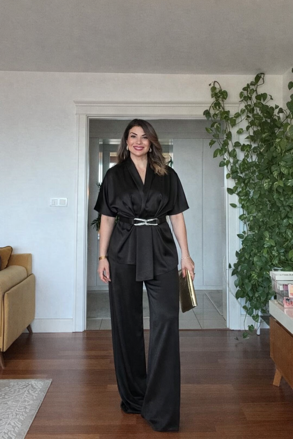 SATIN TWO-PIECE SET WITH WRAP TIE DETAIL - BLACK