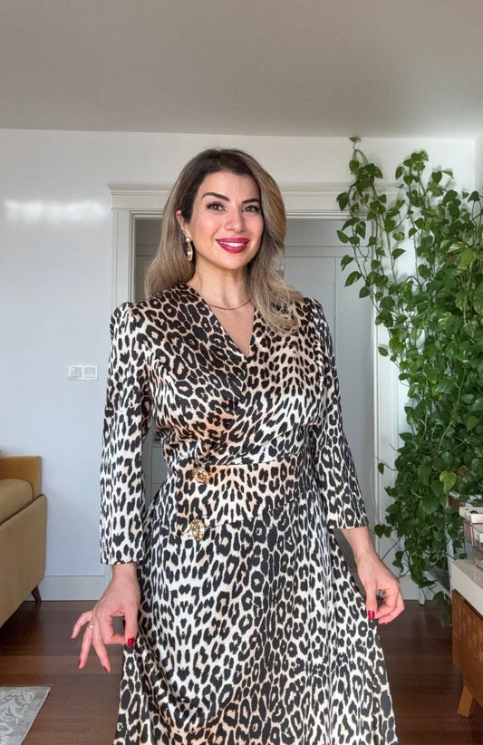 GOLD BUTTON DETAIL WRAP DRESS – LEOPARD