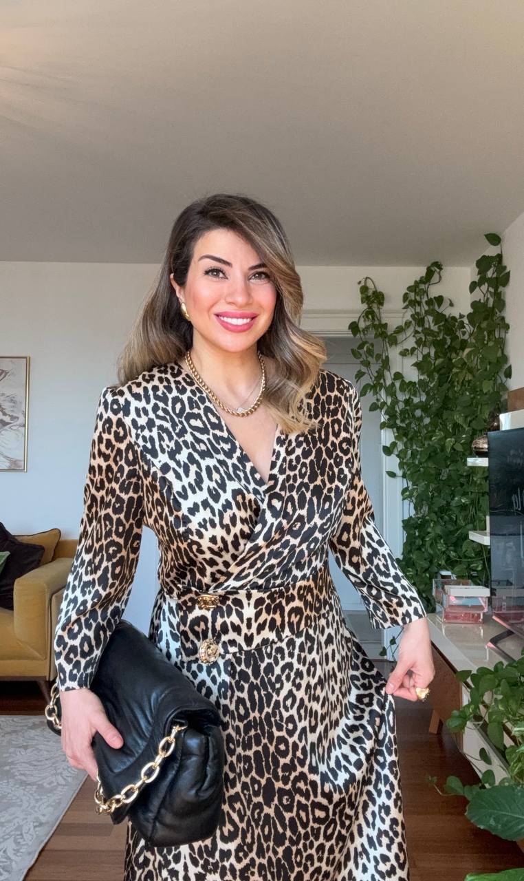 GOLD BUTTON DETAIL WRAP DRESS – LEOPARD