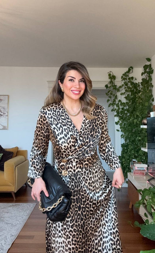 GOLD BUTTON DETAIL WRAP DRESS – LEOPARD