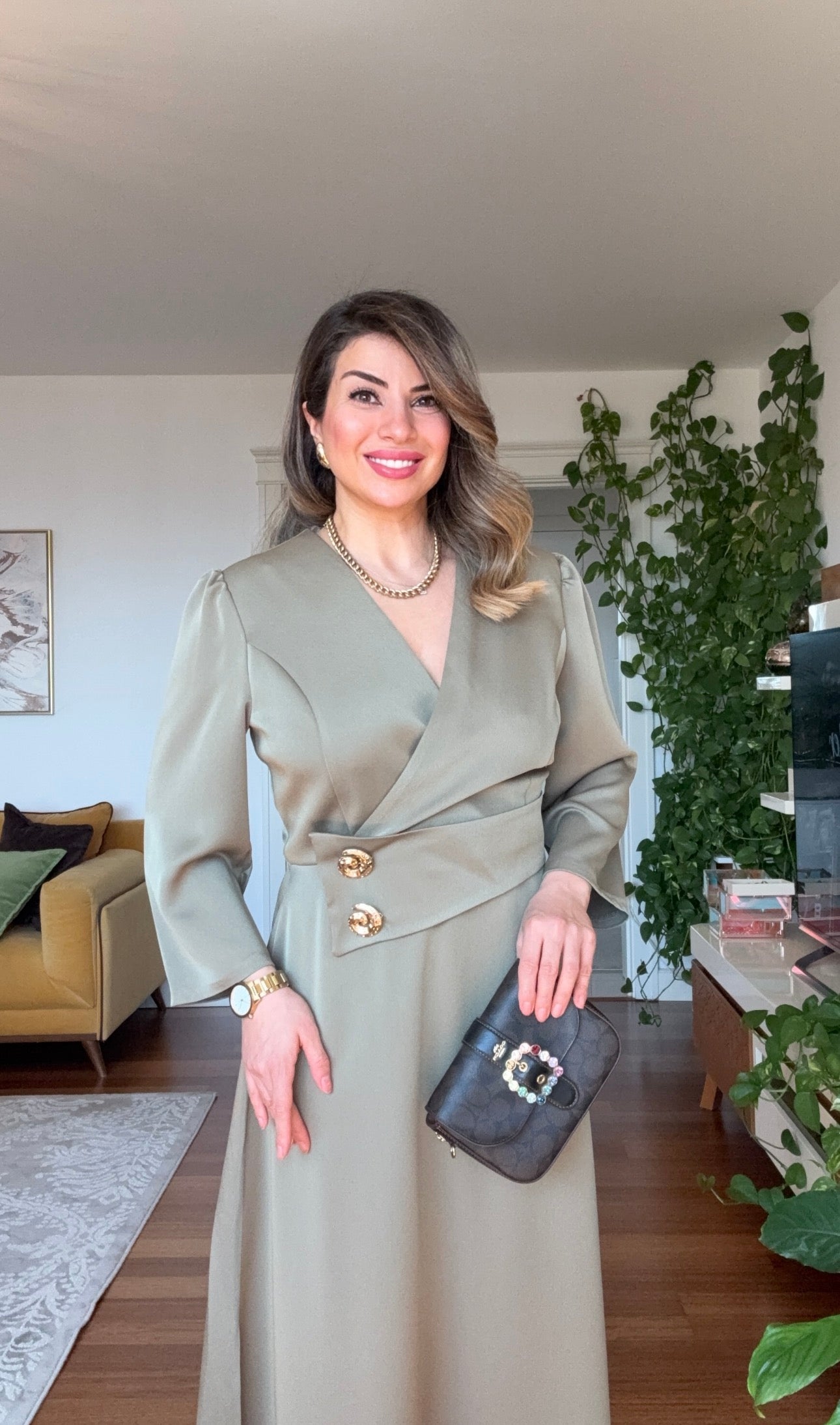 GOLD BUTTON DETAIL WRAP DRESS – MİNT