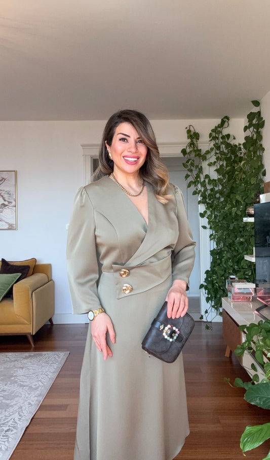 GOLD BUTTON DETAIL WRAP DRESS – MİNT