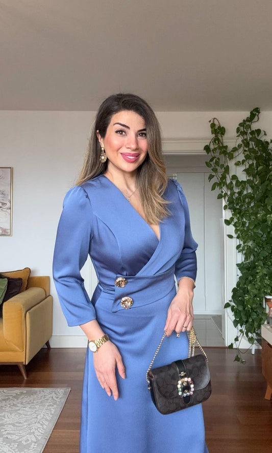 GOLD BUTTON DETAIL WRAP DRESS – INDIGO