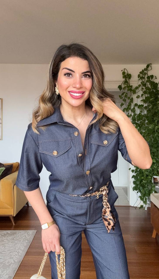 LEOPARD BELT DETAIL STYLISH DENIM-LOOK WOMEN’S SET