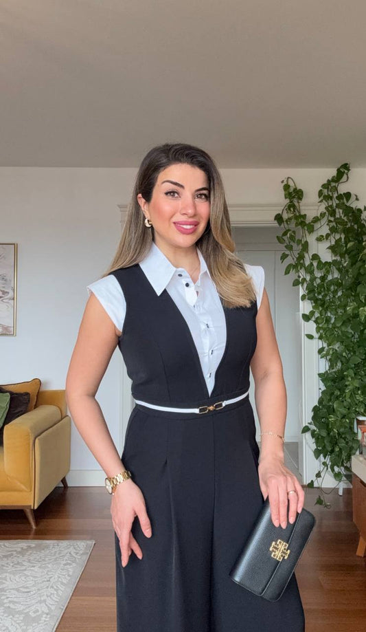 SHIRT COLLAR BLAZER LOOK WIDE LEG JUMPSUIT - BLACK