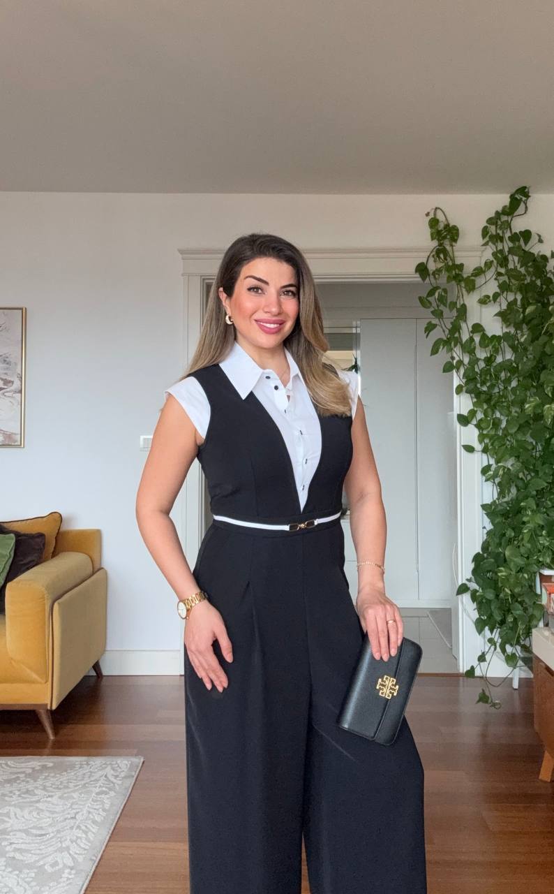 SHIRT COLLAR BLAZER LOOK WIDE LEG JUMPSUIT - BLACK