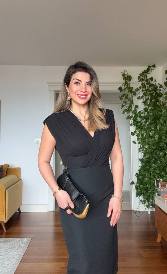 ELEGANT V-NECK MIDI DRESS - BLACK