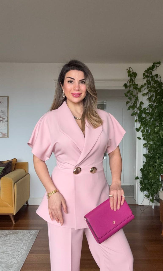 GOLD BUTTON DETAILED SHORT SLEEVE WRAP BLAZER & TROUSERS SET – POWDER