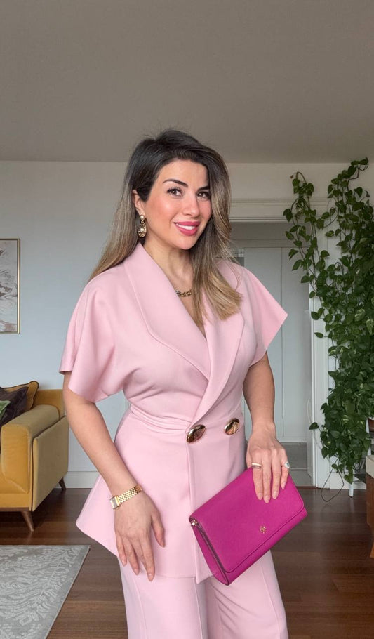 GOLD BUTTON DETAILED SHORT SLEEVE WRAP BLAZER & TROUSERS SET – POWDER