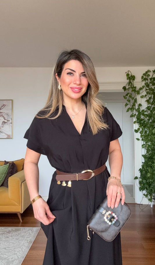 MIDI DRESS WITH BROWN BELT AND CAP SLEEVES - BLACK