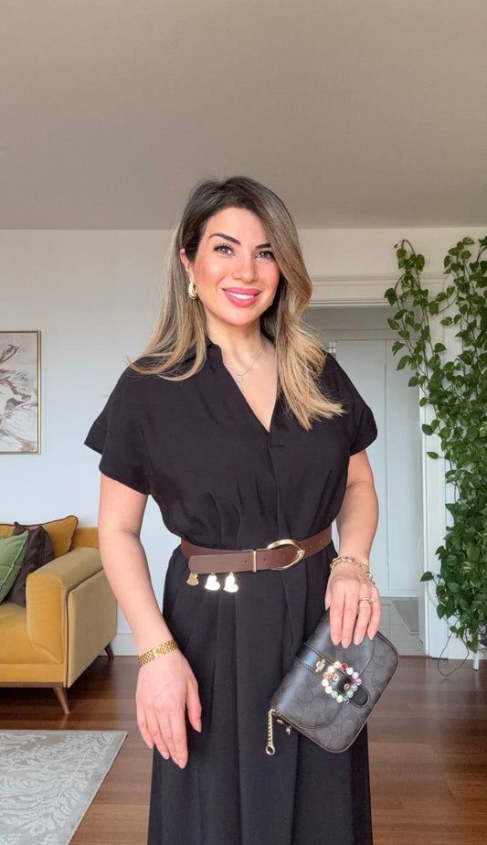 MIDI DRESS WITH BROWN BELT AND CAP SLEEVES - BLACK