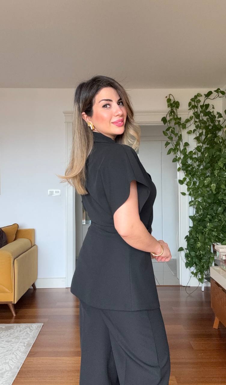 GOLD BUTTON DETAILED SHORT SLEEVE WRAP BLAZER & TROUSERS SET – BLACK