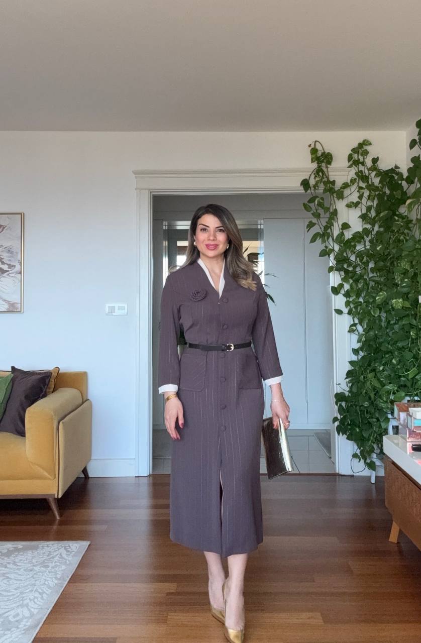 CONTRAST TRIM BELTED MIDI DRESS - BROWN