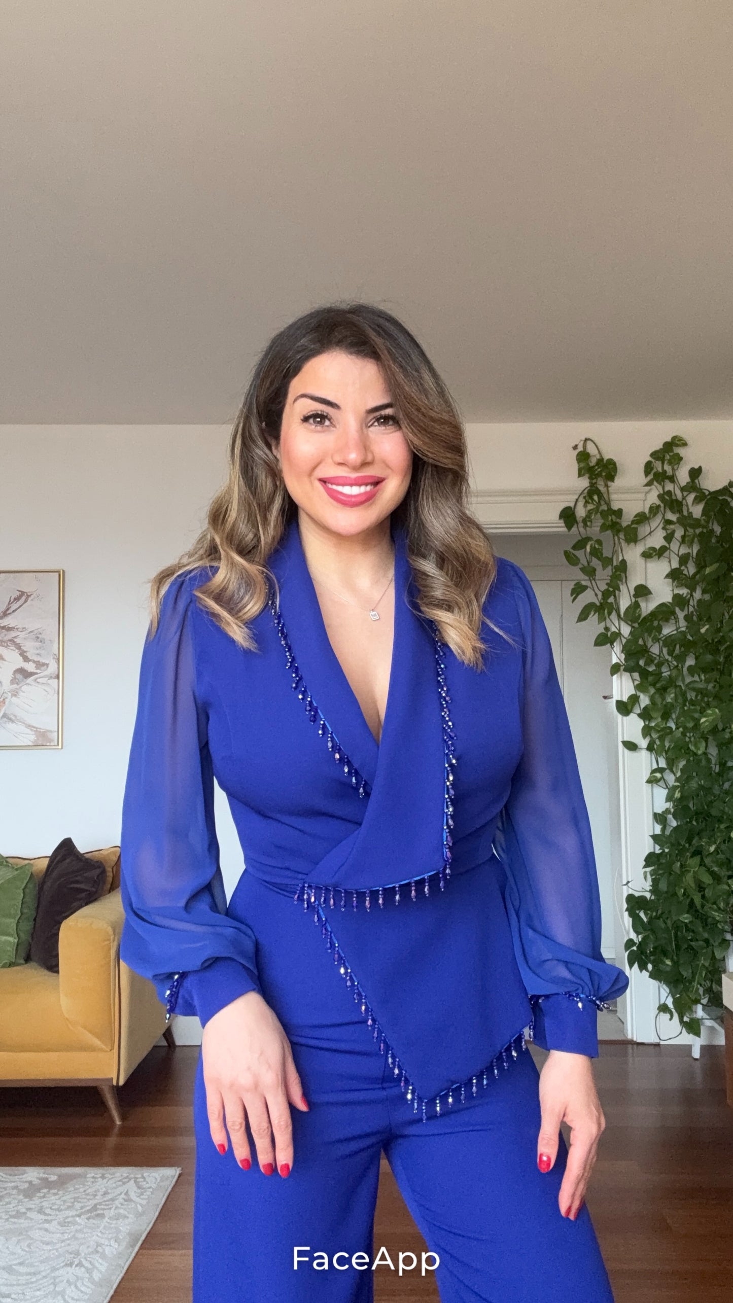 STONE-EMBELLISHED JUMPSUIT WITH TULLE SLEEVES - ROYAL BLUE