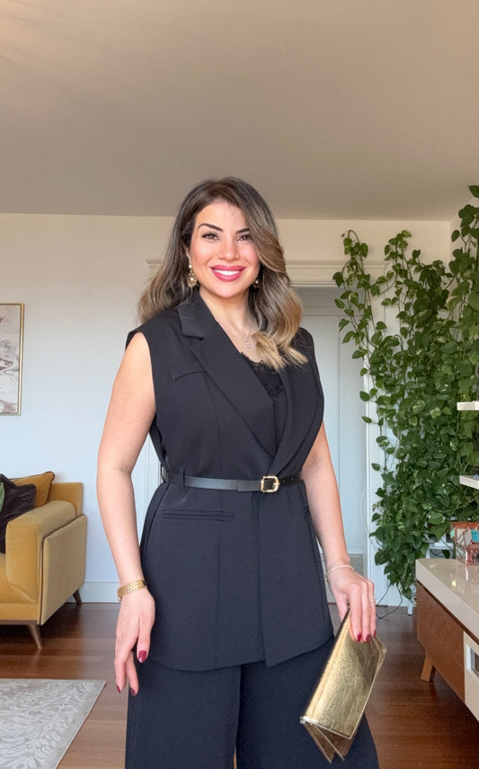 LACE-DETAILED BLACK THREE-PIECE SET WITH BELT - BLACK